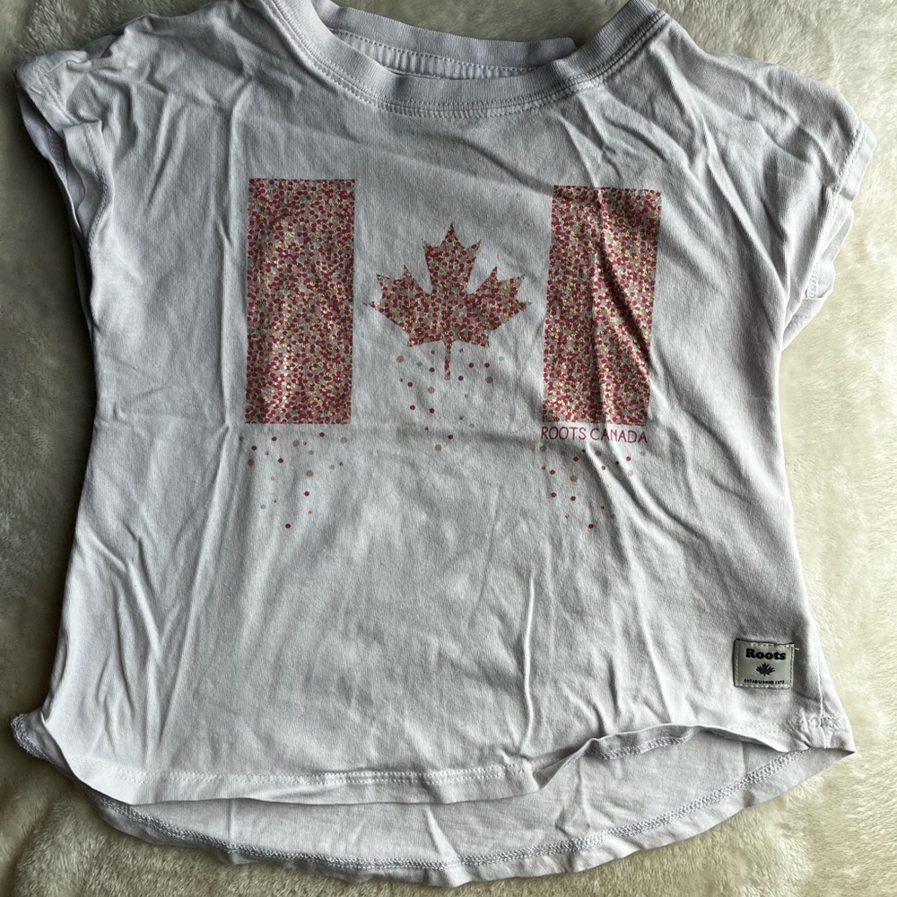 Roots Women's White Tee with Red Patterned Maple Leaf